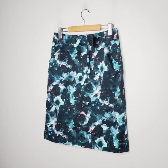 Milly Skirt Italian Fabric Teal Floral Bow Detail Abstract Pencil 6 - Picture 5 of 11